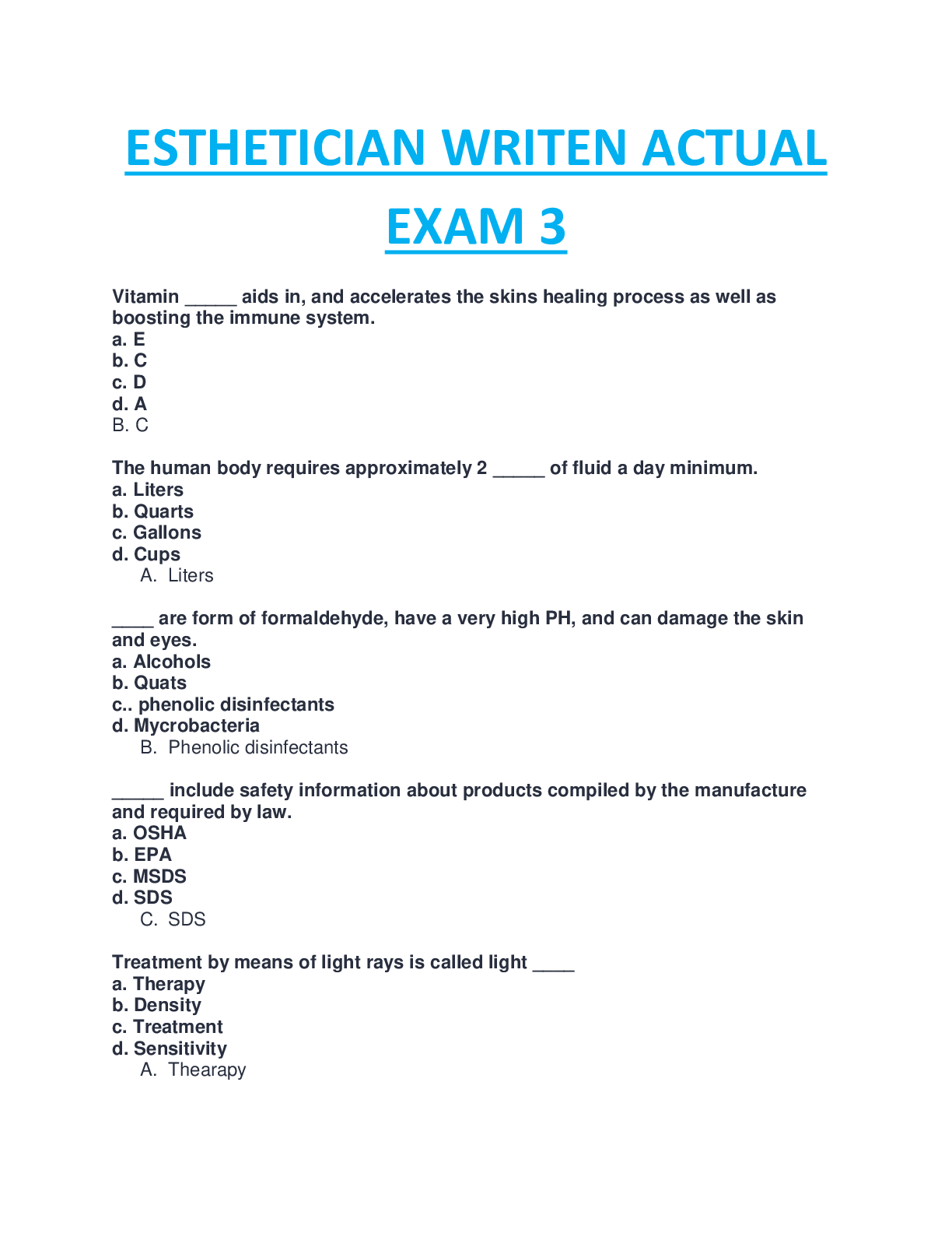 Preview image for COLORADO ESTHETICIAN WRITTEN ACTUAL EXAM 3 QUESTIONS AND ANSWERS COMPLETE GUIDE, RATED A+.